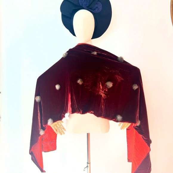 RUST SILK VELVET & SATIN 1950’s 50s Vintage Retro Vintage Rabbit Fur Shawl Wrap - Picture 4 of 16